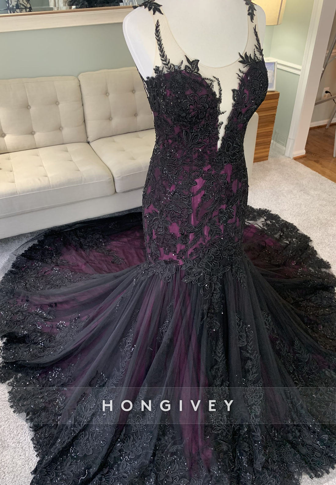 Lace Olivia Black and Purple Illusion Neck Mermaid Wedding Dress with Cape