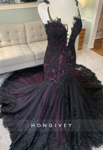 Lace Olivia Black and Purple Illusion Neck Mermaid Wedding Dress with Cape