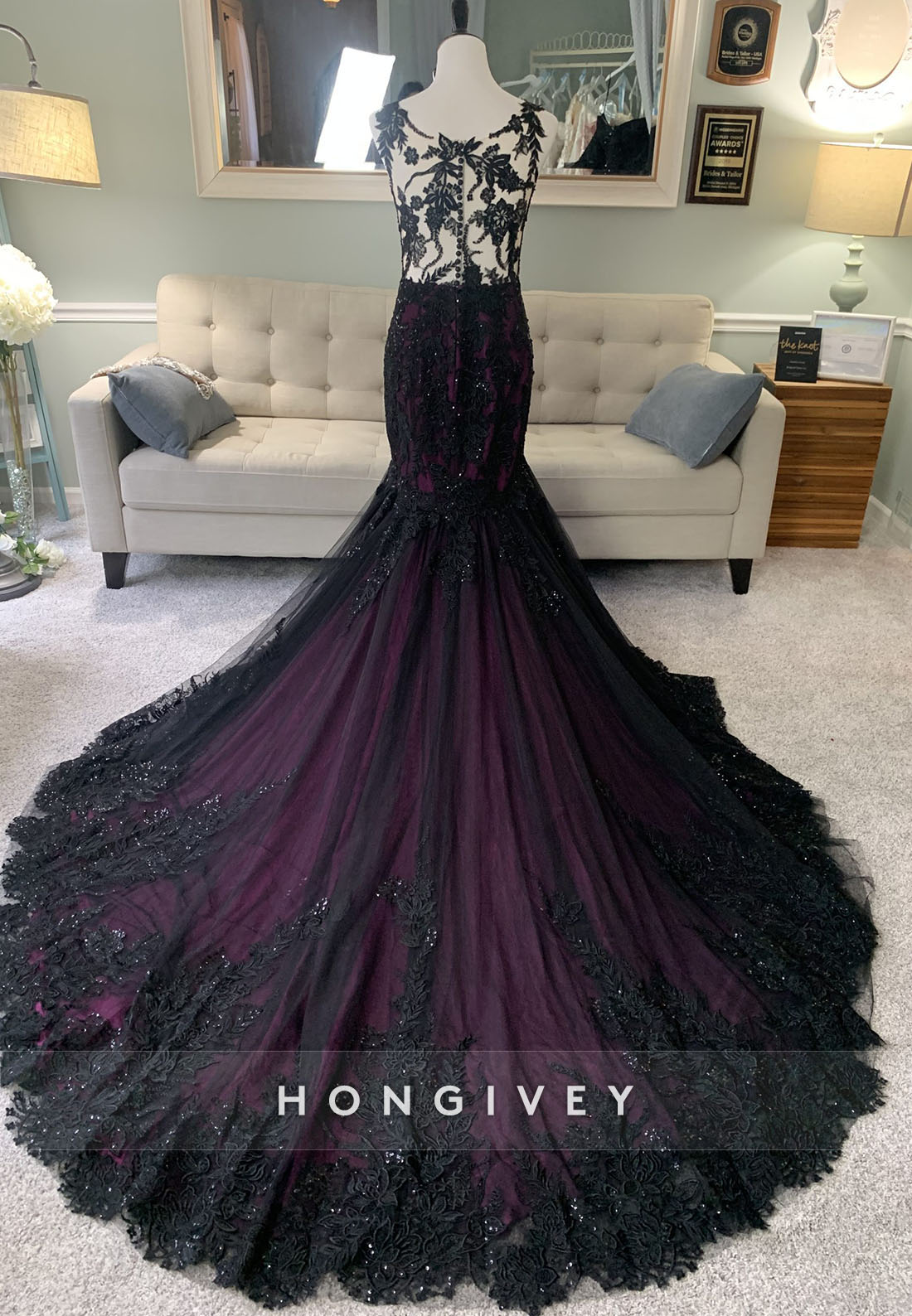 Lace Olivia Black and Purple Illusion Neck Mermaid Wedding Dress with Cape