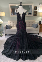 Lace Olivia Black and Purple Illusion Neck Mermaid Wedding Dress with Cape