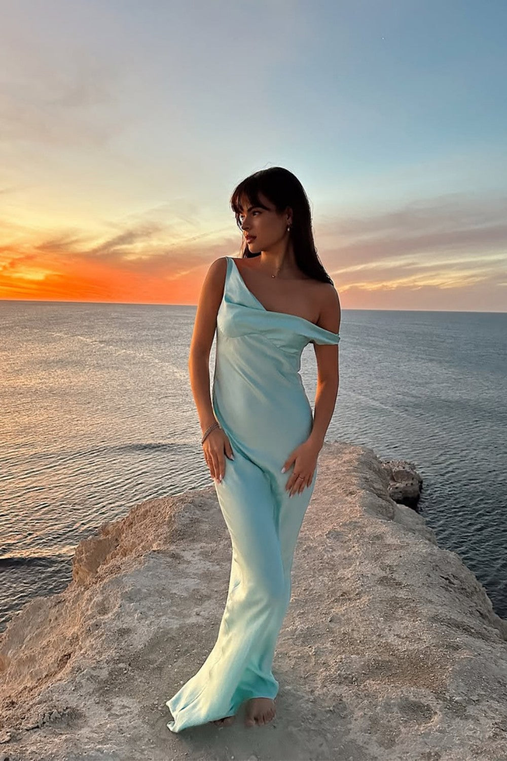 One Shoulder Satin Prom Gown with Draped Off-Shoulder Detail