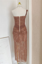 One Shoulder Blue Lace Ruched Column Long Dress