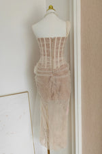 One Shoulder Blue Lace Ruched Column Long Dress