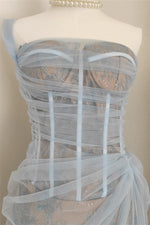 One Shoulder Blue Lace Ruched Column Long Dress