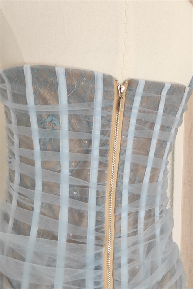 One Shoulder Blue Lace Ruched Column Long Dress