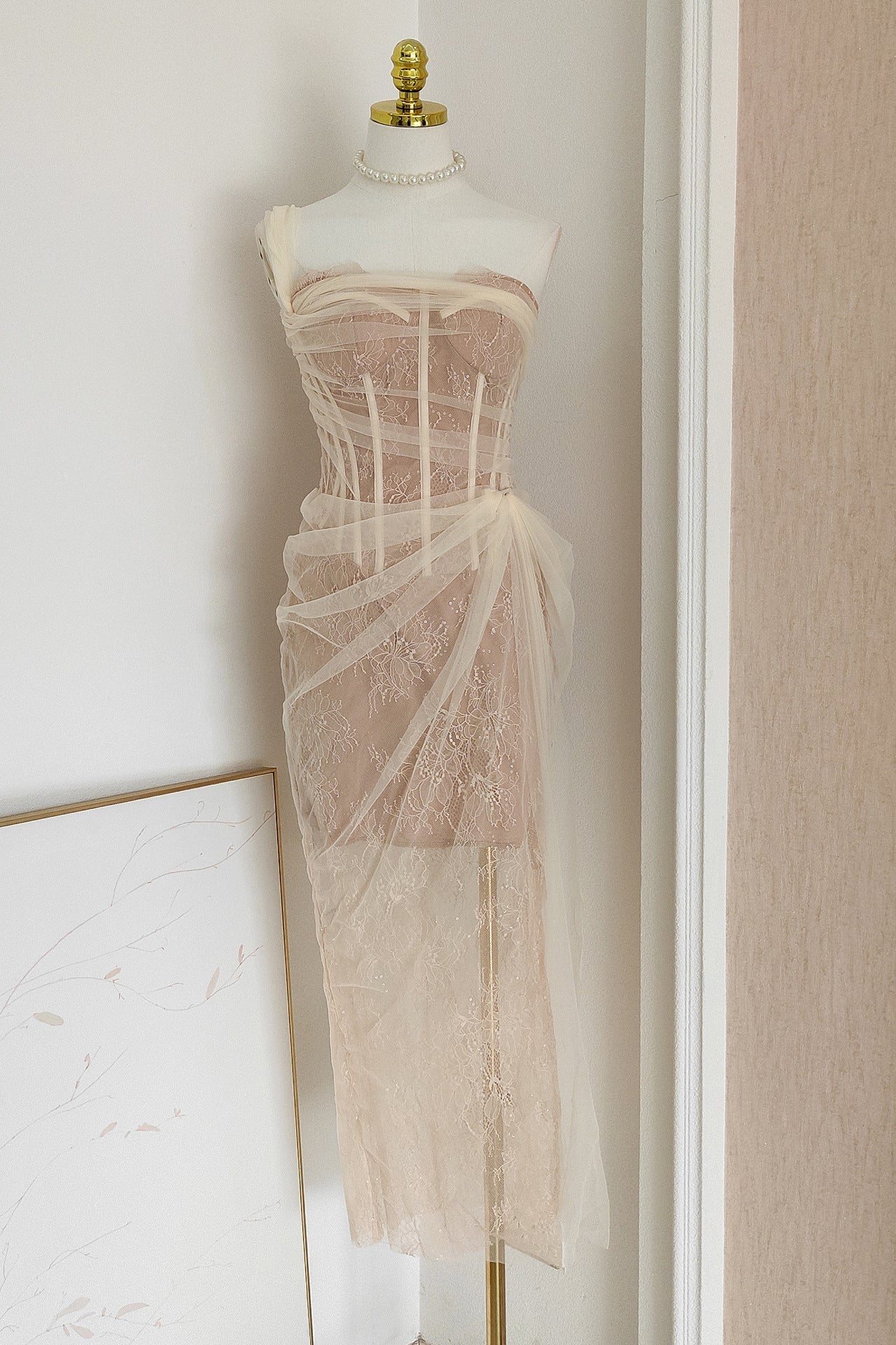 One Shoulder Blue Lace Ruched Column Long Dress