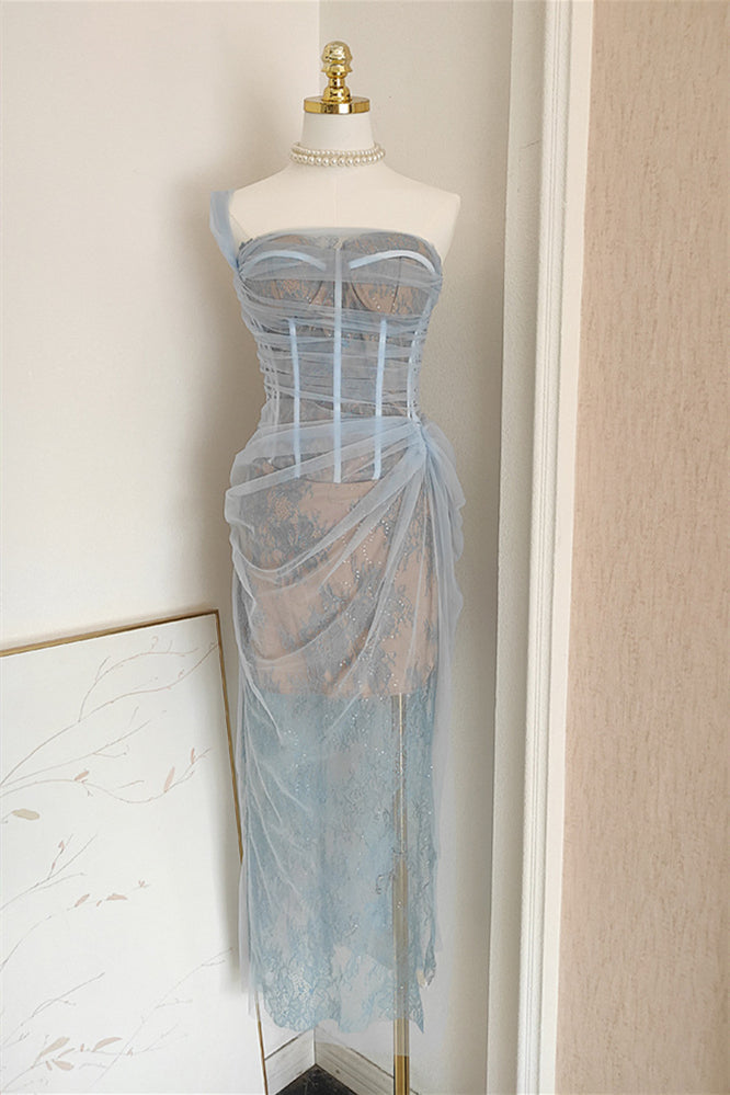 One Shoulder Blue Lace Ruched Column Long Dress
