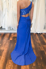 One Shoulder Royal Blue Appliques Cutout Long Prom Dress