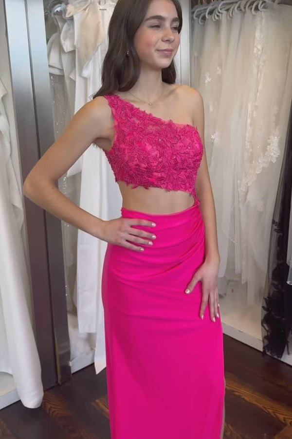 One Shoulder Royal Blue Appliques Cutout Long Prom Dress