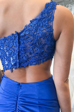 One Shoulder Royal Blue Appliques Cutout Long Prom Dress