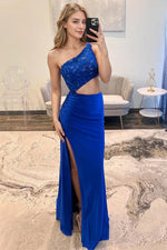 One Shoulder Royal Blue Appliques Cutout Long Prom Dress