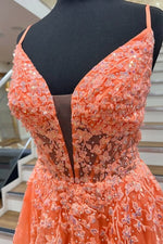 Orange Tulle A line Spaghetti Straps Deep V Neck Prom Dresses Party Dress