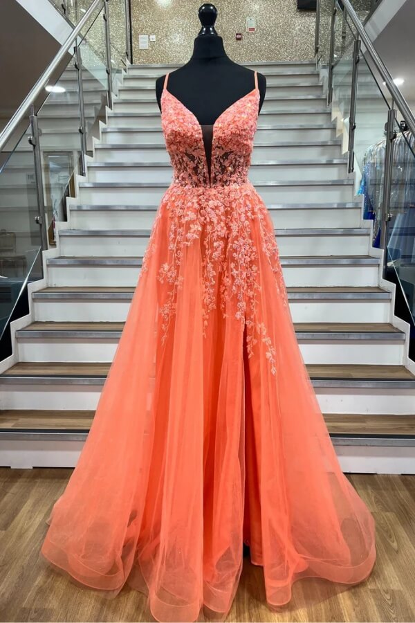 Orange Tulle A line Spaghetti Straps Deep V Neck Prom Dresses Party Dress