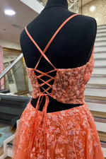 Orange Tulle A line Spaghetti Straps Deep V Neck Prom Dresses Party Dress