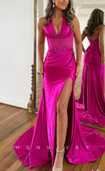 L2680 - Chic Satin Trumpet V-Neck Halter Pleats With Side Slit Party Prom Evening Dress