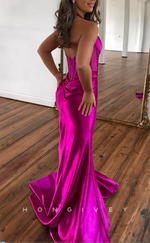 L2680 - Chic Satin Trumpet V-Neck Halter Pleats With Side Slit Party Prom Evening Dress