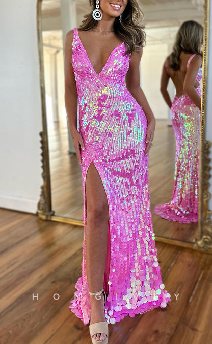 L2674 - Sexy Fitted V-Neck Sleeveless  Fully Sequined With Side Slit Party Prom Evening Dress