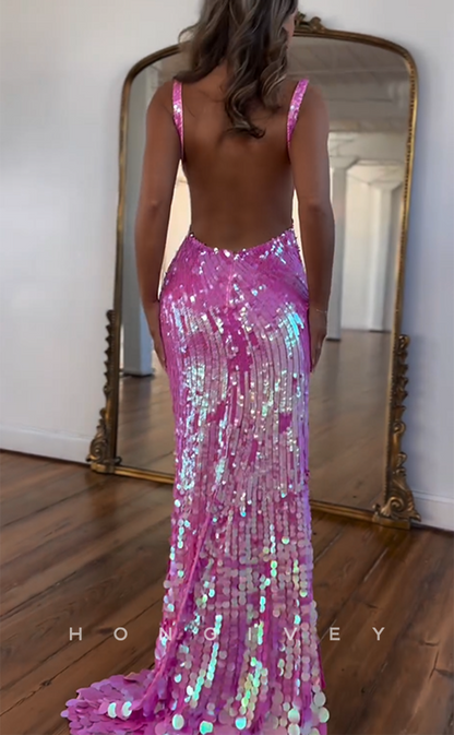 L2674 - Sexy Fitted V-Neck Sleeveless  Fully Sequined With Side Slit Party Prom Evening Dress