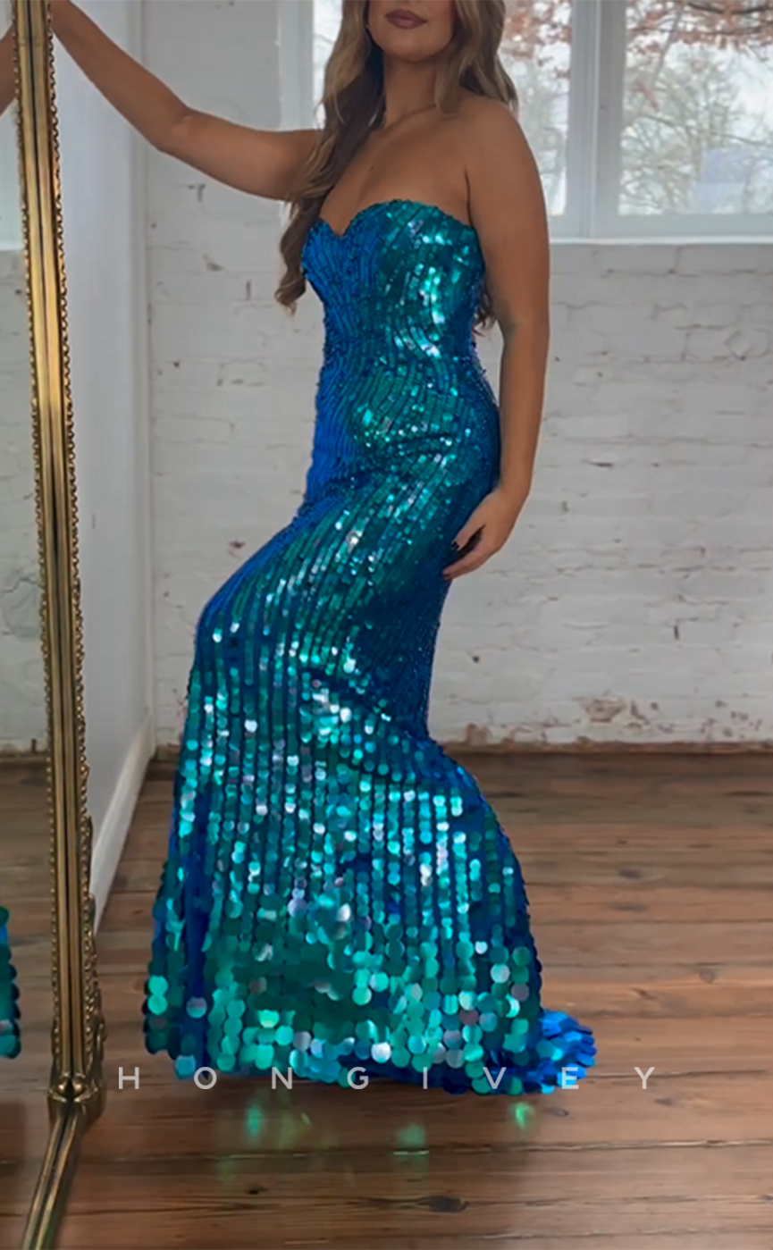 L2673 - Sweetheart Strapless Sequined Glitter Fitted Party Prom Evening Dress