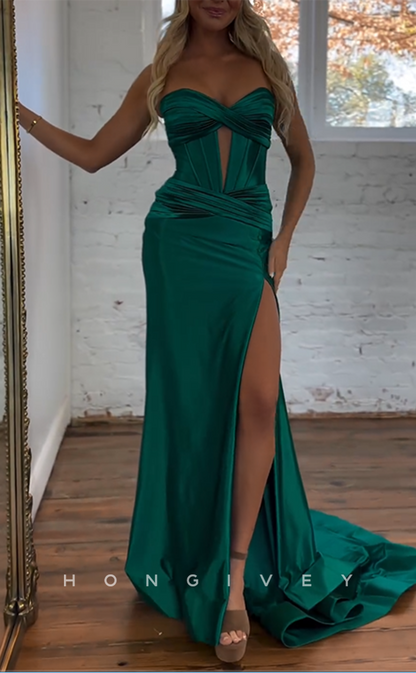 L2676 - Sweetheart Strapless Illusion Empire Ruched With Side Slit Party Prom Evening Dress