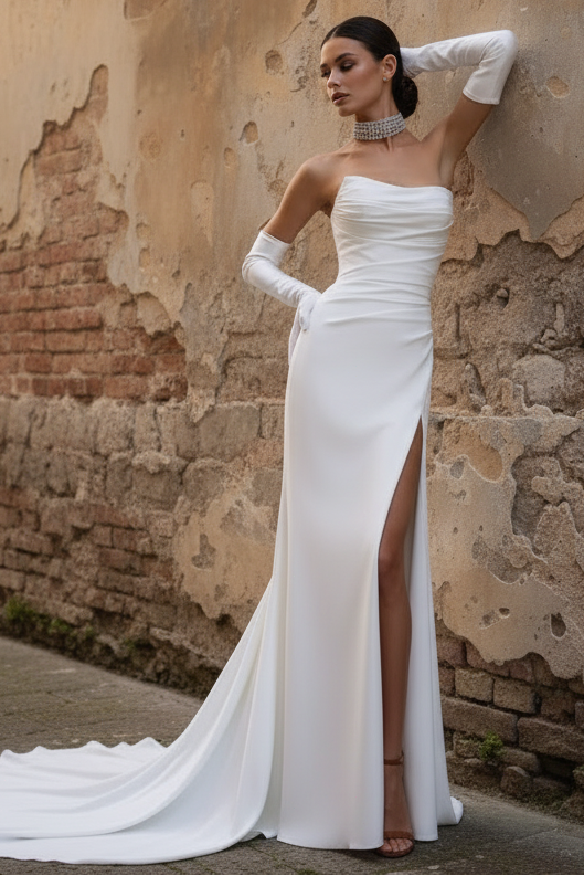 Sexy Simple Long Sleeves Strapless With Train And Slit Wedding Dress