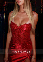 Sweetheart Red Spaghetti Straps Column Side Slit Prom Dresses