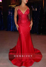 Elegant V-Neck Spaghetti Straps Red Glitter Mermaid Prom Dresses
