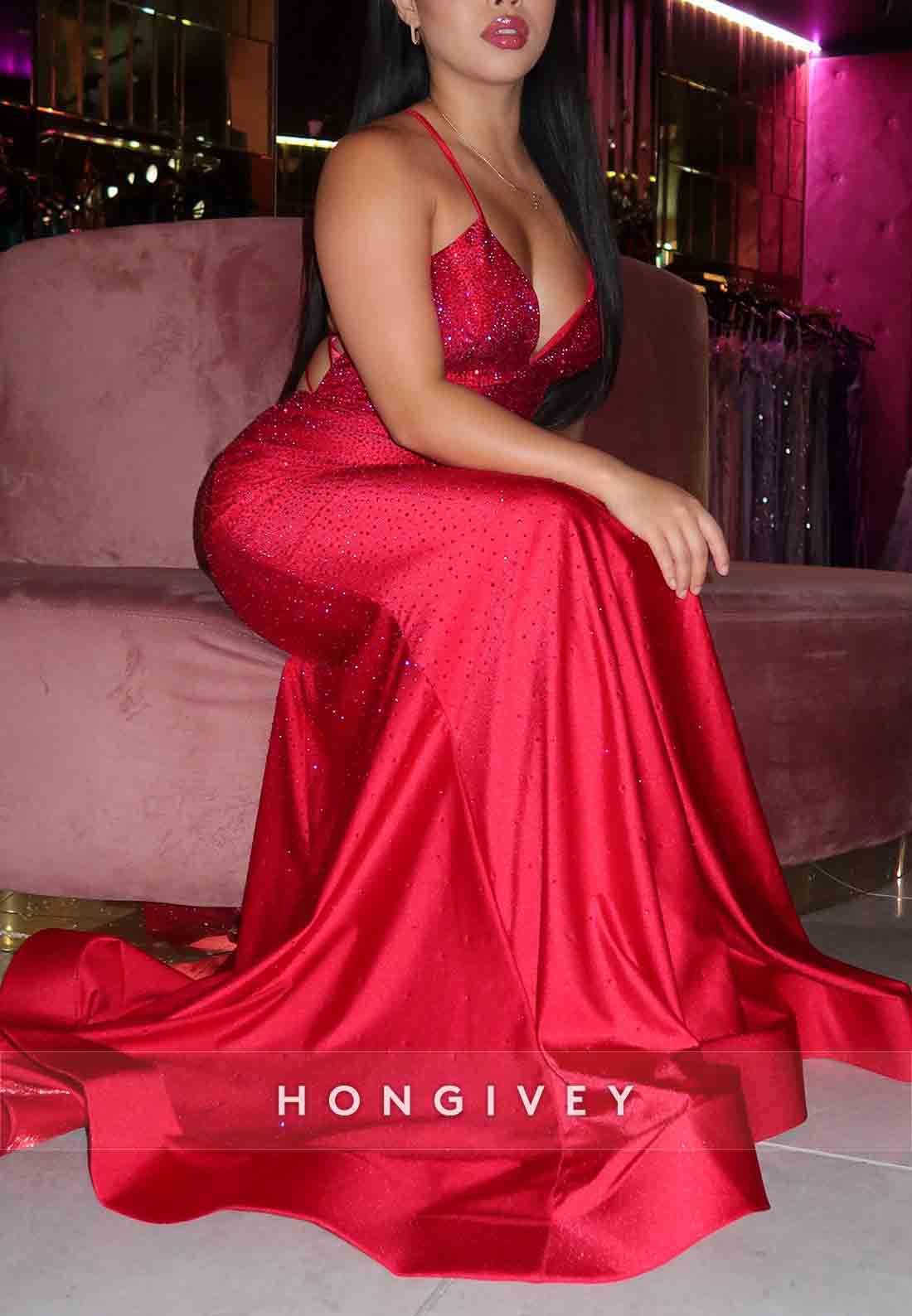 Elegant V-Neck Spaghetti Straps Red Glitter Mermaid Prom Dresses