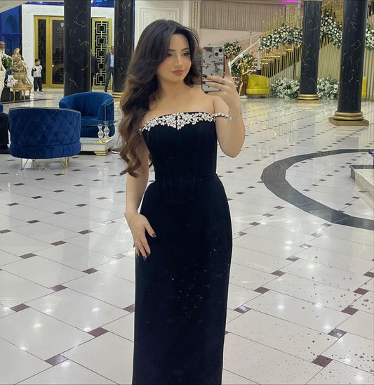 Fashion Beaded Off the Shoulder Black Mermaid Evening Dress