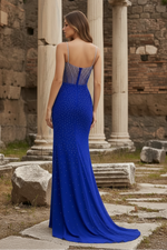Spaghetti Straps Long Beaded Prom Dress with Slit