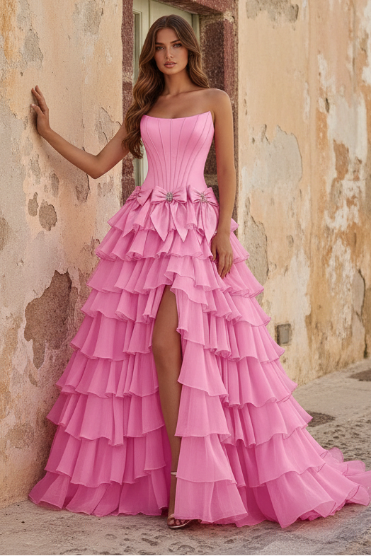 Strapless Tiered Side Slit Ballgown Long Prom Dress