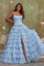 Strapless Tiered Side Slit Ballgown Long Prom Dress