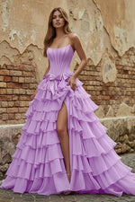 Strapless Tiered Side Slit Ballgown Long Prom Dress