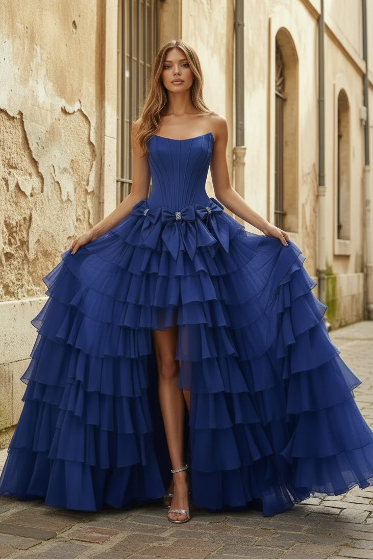 Strapless Tiered Side Slit Ballgown Long Prom Dress