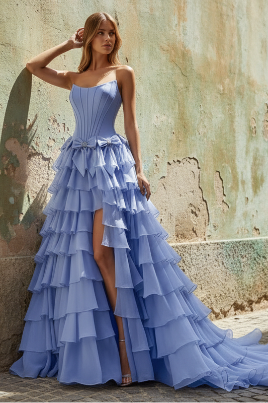Strapless Tiered Side Slit Ballgown Long Prom Dress