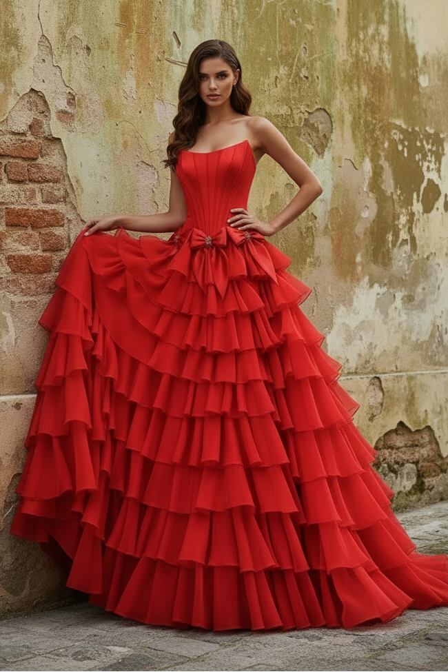Strapless Tiered Side Slit Ballgown Long Prom Dress