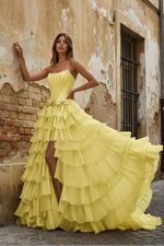 Strapless Tiered Side Slit Ballgown Long Prom Dress