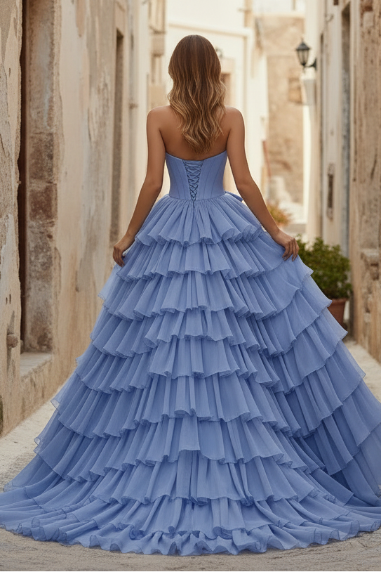 Strapless Tiered Side Slit Ballgown Long Prom Dress