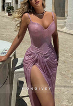High Slit Pleated Spaghetti Straps Column Glitter Prom Dresses