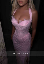 Pink Lace Side Slit Floor-Length Sweetheart Sheath Prom Dresses