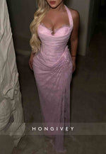 Pink Lace Side Slit Floor-Length Sweetheart Sheath Prom Dresses