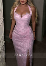 Pink Lace Side Slit Floor-Length Sweetheart Sheath Prom Dresses