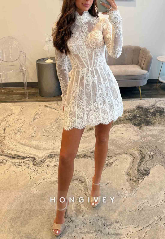 Gorgeous Long Sleeves High Neck Lace A-Line Short Homecoming Dress