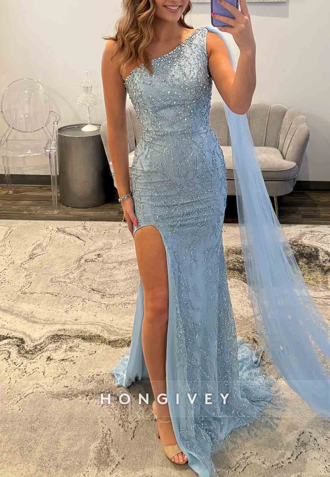 Sky Blue Side Draping Mermaid Floor-Length One Shoulder Prom Dresses with Beading