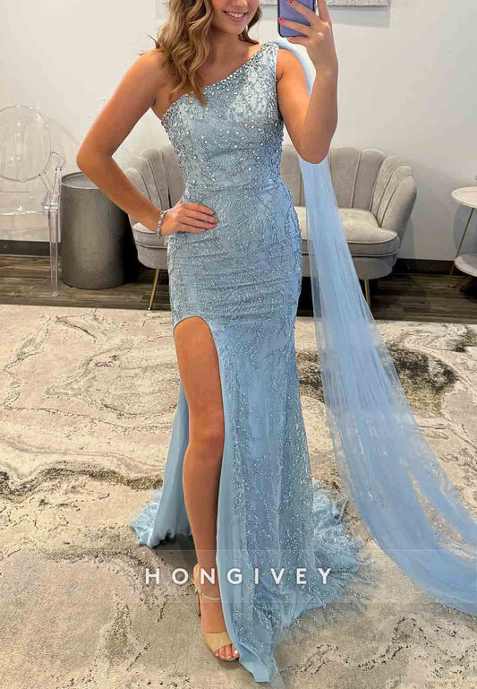 Sky Blue Side Draping Mermaid Floor-Length One Shoulder Prom Dresses with Beading