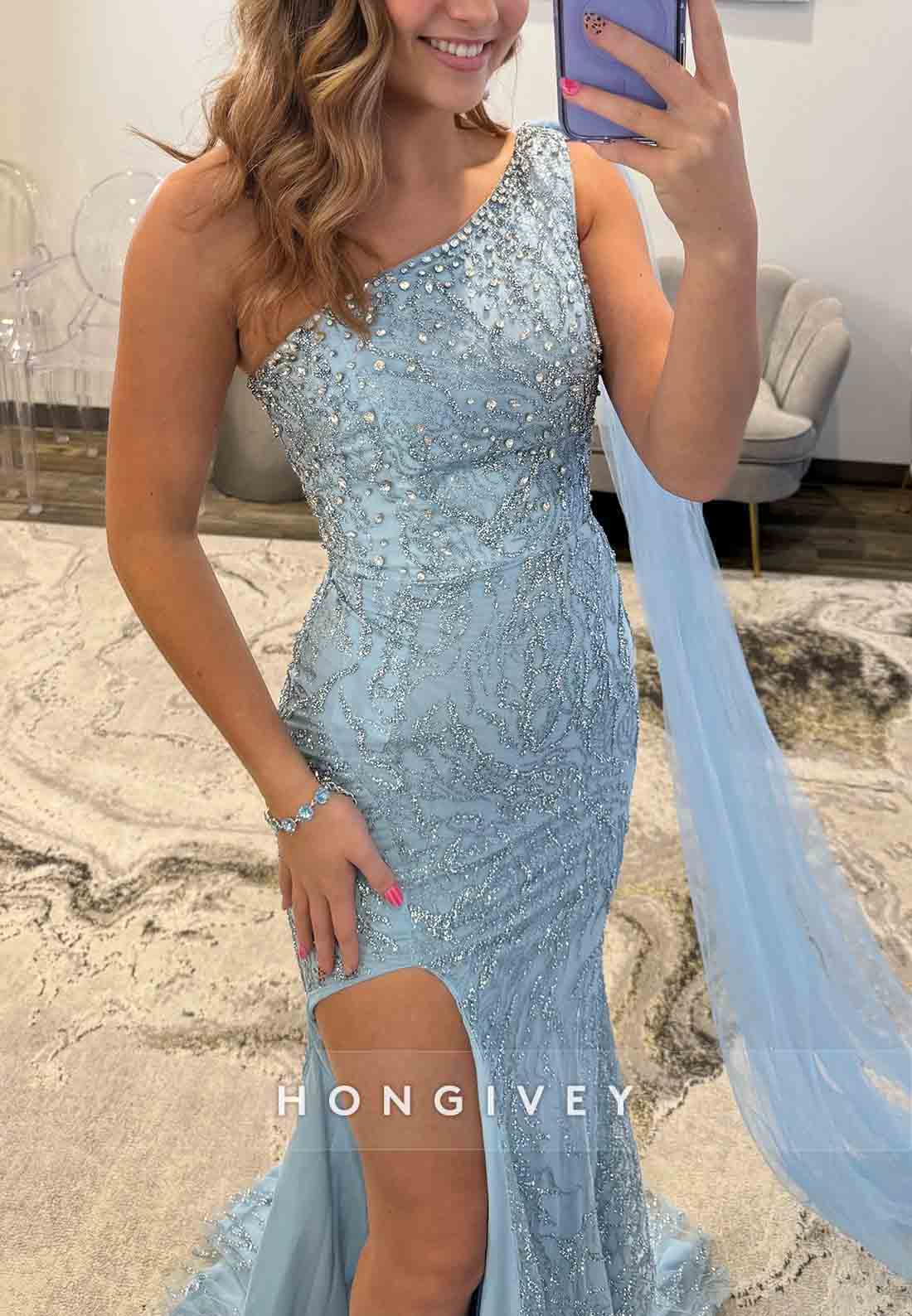 Sky Blue Side Draping Mermaid Floor-Length One Shoulder Prom Dresses with Beading