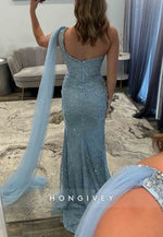 Sky Blue Side Draping Mermaid Floor-Length One Shoulder Prom Dresses with Beading