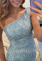 Sky Blue Side Draping Mermaid Floor-Length One Shoulder Prom Dresses with Beading
