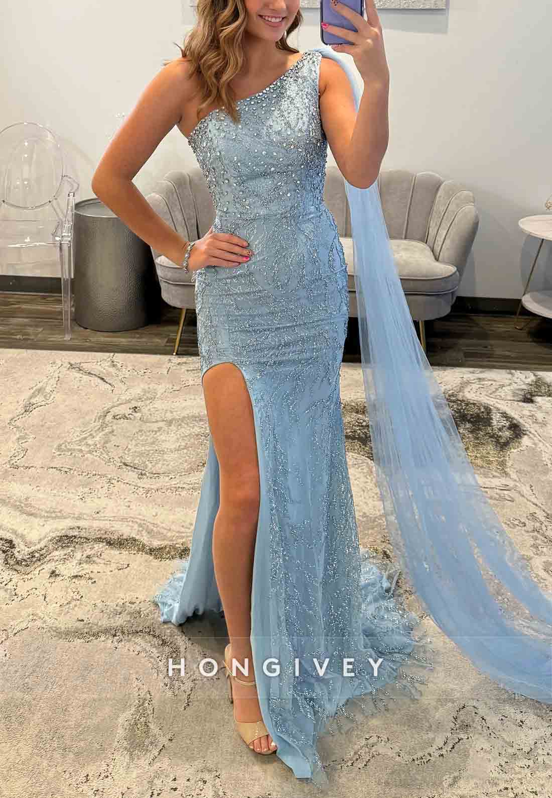 Sky Blue Side Draping Mermaid Floor-Length One Shoulder Prom Dresses with Beading