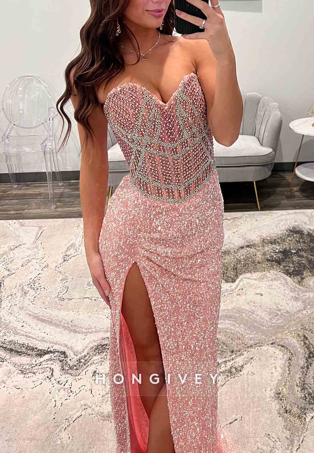 Sparkly Sweetheart Pink Strapless Column High Slit Prom Dresses with Beading